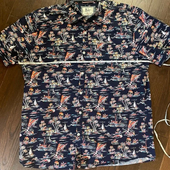 Navy Tropical Print Men's Shirt - Picture 11 of 12